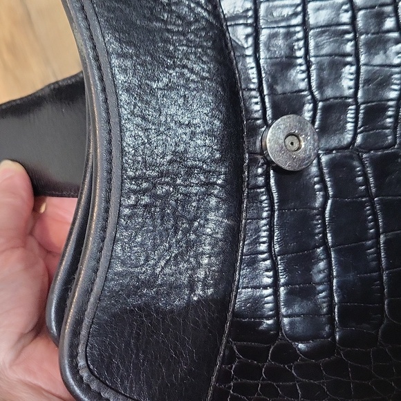 Vtg BRIGHTON Black Croc Embossed Leather Shoulder Tote Crossbody Bag - Picture 10 of 16